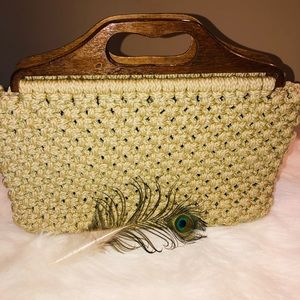 Boho Vintage Jute Bag with Wooden Handles